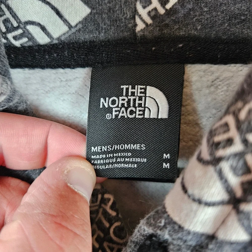 The North Face Mens Medium All Over Logo Print Pullover Hoodie Black Grey